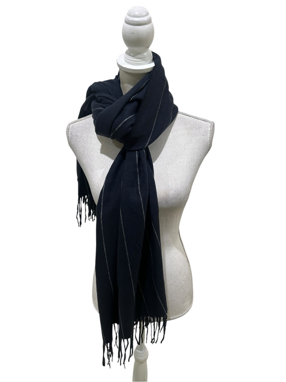 Italy design cashmere blend navy stripe Fringe trim Wrap Scarf
